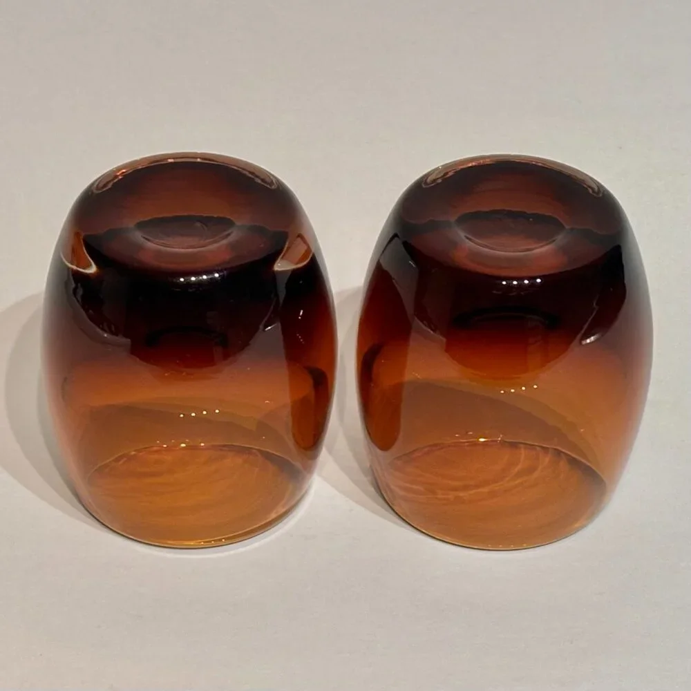 Set of 2 Crate and Barrel Topaz Amber Glass Diva Votive Candle Holders 3.5”